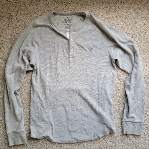American Eagle Men's Long Sleeve Thermal Henley Shirt Light Grey Size Medium
